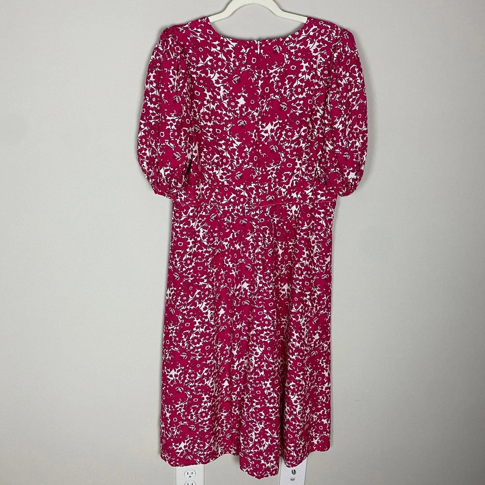 J. Crew Collection Midi Dress Drapey Floral Pink Puff‎ Sleeve V Neck Size 16